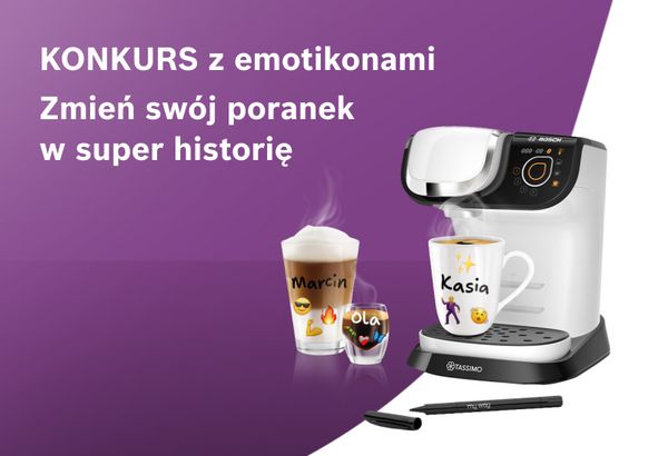 Tassimo Bosch coffee machine with With coffee cups with names and emoticons and a purple background