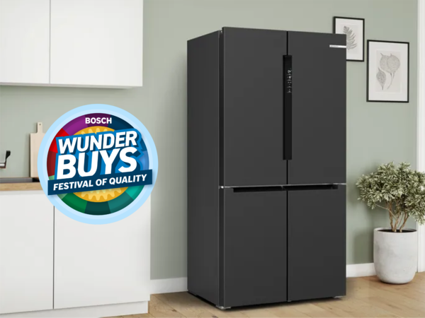 Black four-door Bosch French-door refrigerator in kitchen  