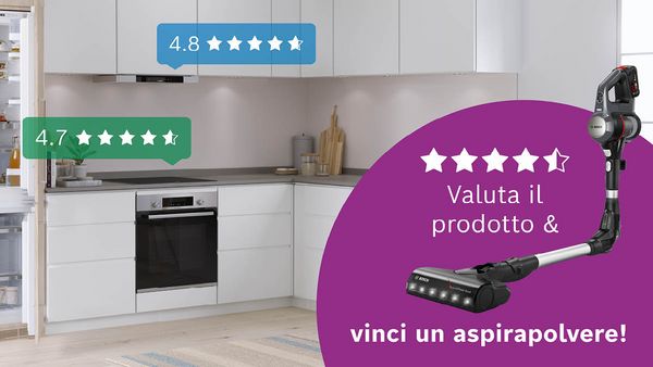 Cucina moderna con valutazioni degli elettrodomestici, aspirapolvere e richiesta di recensione del prodotto.