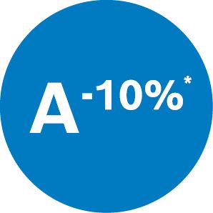 Blauwe ronde achtergrond met witte tekst "A -10%*" wat een korting of korting van 10% aangeeft.