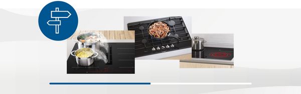 Collage di piani di cottura che mostra una pentola di pasta bollente, una padella con verdure e una pentola di pasta fumante.