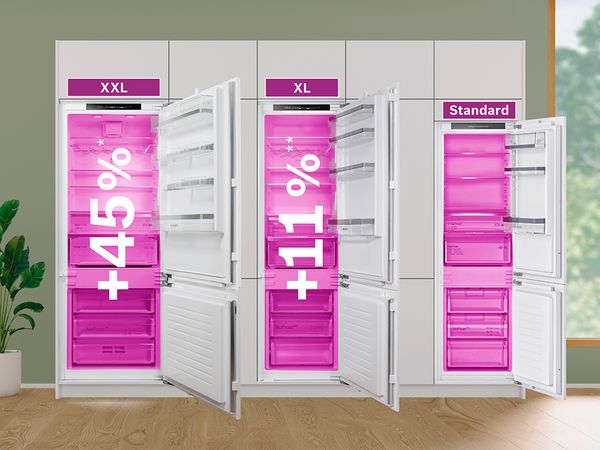 Trois r&eacute;frig&eacute;rateurs &eacute;tiquet&eacute;s XXL, XL et Standard, montrant les pourcentages de capacit&eacute; de stockage.