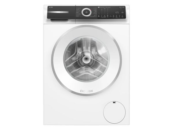 Vooraanzicht van een moderne witte wasmachine met een glazen deur en een digitaal bedieningspaneel met instellingen en een programmatimer.