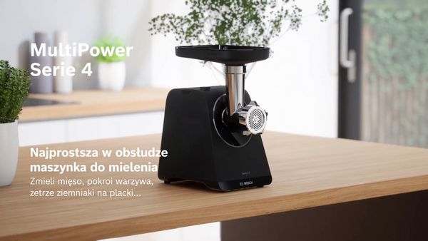 Białe urządzenie MultiPower Serie 4 na blacie kuchennym z rysunkiem widoku różnych przystawek.