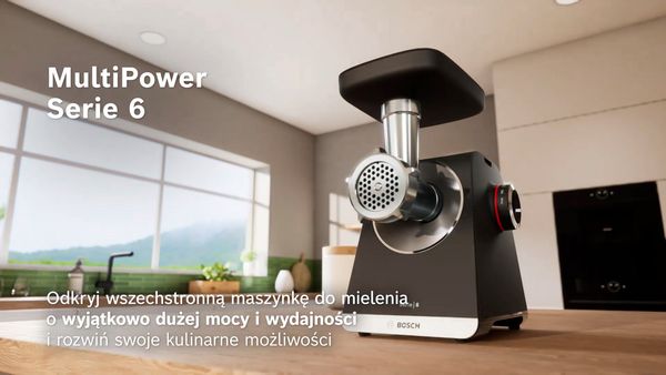Maszynka do mięsa Bosch MultiPower Serie 6 na blacie kuchennym z dużymi oknami.