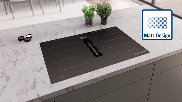 Bosch Induktionskochfeld im Matt Design auf robuster Steinarbeitsplatte montiert.