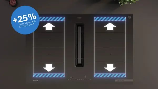 Демонстрационное видео варочной панели Bosch серии 6 с интегрированной вытяжкой и зонами XL Flex.