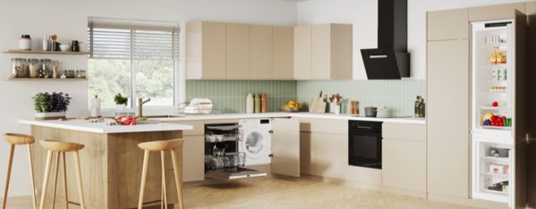 White spacious kitchen with multiple appliances and Europe's No1 logo in corner