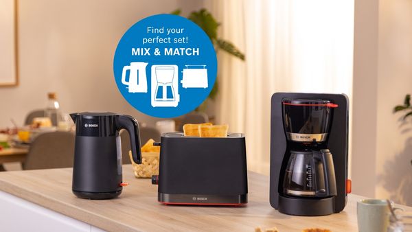 Bosch Kettle toaster and coffee machine on kitchen countertop