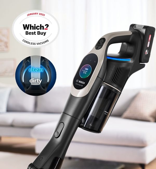 Bosch Unlimited 10 vacuum cleaner with Which and MicroClean icons