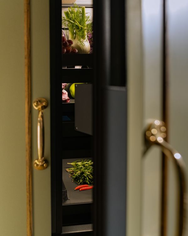Green and gold door furniture opening revealing the Gaggenau Vario cooling Expressive series appliance contents 
