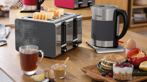 Bosch kettle and toaster alongside different food and drink