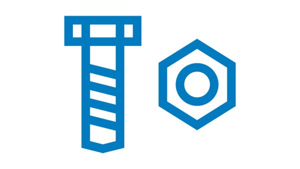 Eine blaue Umrissdarstellung mit einer Schraube auf der linken und einer Sechskantmutter auf der rechten Seite, die Hardwarekomponenten symbolisieren.