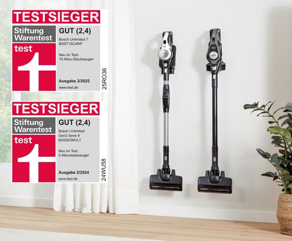 Die von der Stiftung Warentest als Testsieger ausgezeichneten Akku-Staubsauger Unlimited 7 BSS715CARP und Unlimited 8 BSS825MULT.