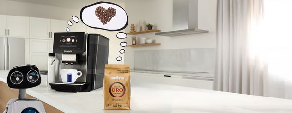 A Bosch coffee machine brews coffee beside Lavazza Oro beans and a friendly robot, surrounded by a modern kitchen.