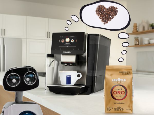 Bosch coffee maker with Lavazza coffee bag, a cute robot character, and a heart made of coffee beans.