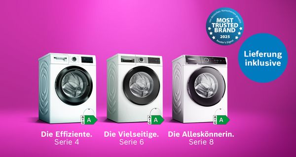 Magenta-farbener Hintergrund, auf dem drei Bosch Waschmaschinen zu sehen sind