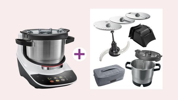 Der Bosch Cookit wird mit vielseitigem Zubehör angeboten, darunter Schneideeinsätze, ein zusätzlicher Behälter und ein praktische Aufbewahrungstasche für mehr Flexibilität beim Kochen.