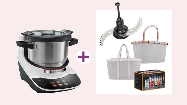 Der Bosch Cookit wird zusammen mit einem Messereinsatz, zwei Kühltaschen und einem Set Gläsern angeboten, um die Koch- und Serviererfahrung zu verbessern.