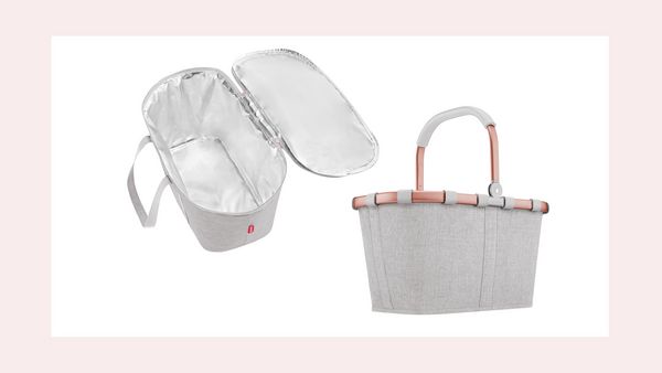 Das Bild zeigt zwei Kühltaschen in elegantem Grauton, eine mit einem praktischen Deckel und die andere mit einem stabilen Tragegriff. Ideal für unterwegs!