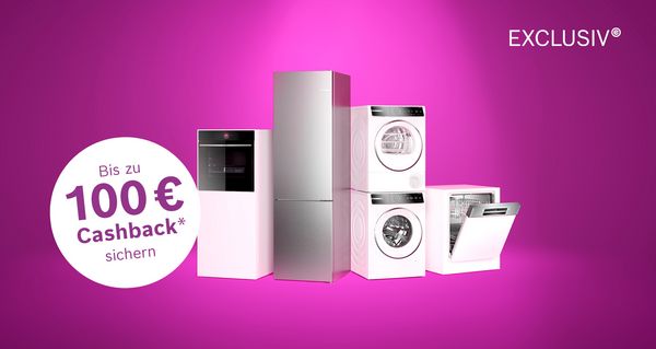 Das Bild zeigt verschiedene moderne Küchengeräte mit einem Werbetext, der bis zu 100 € Cashback verspricht