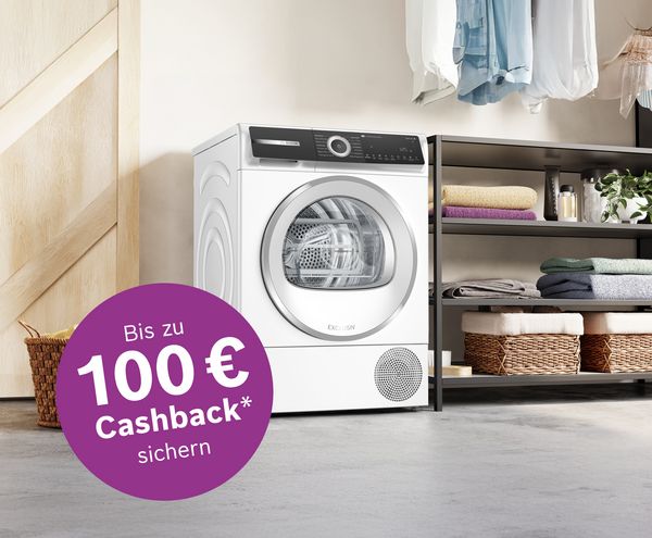 EXCLUSIV Waschtrockner von Bosch; Aktions-Logo: Bis zu 100 € Cashback sichern