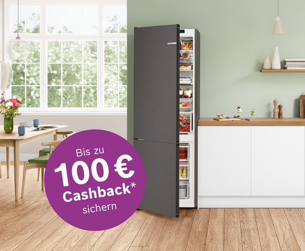 EXCLUSIV Kühl-Gefrierkombination von Bosch; Aktions-Logo: Bis zu 100 € Cashback sichern