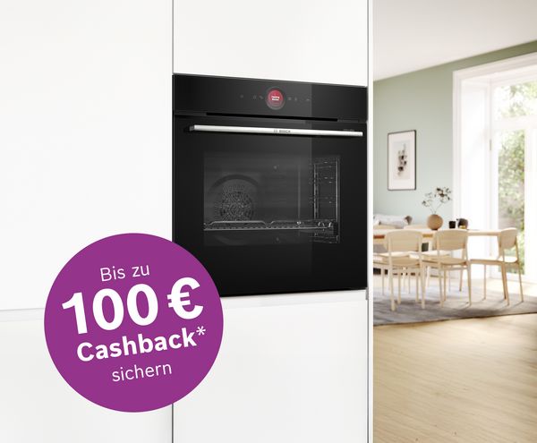 EXCLUSIV Einbaubackofen von Bosch; Aktions-Logo: Bis zu 100 € Cashback sichern