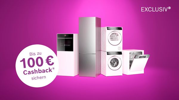 Das Bild zeigt verschiedene moderne Küchengeräte mit einem Werbetext, der bis zu 100 € Cashback verspricht