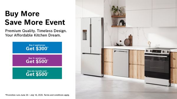 Modern Bosch kitchen with appliances on promotion for savings, featuring a sleek design and natural light