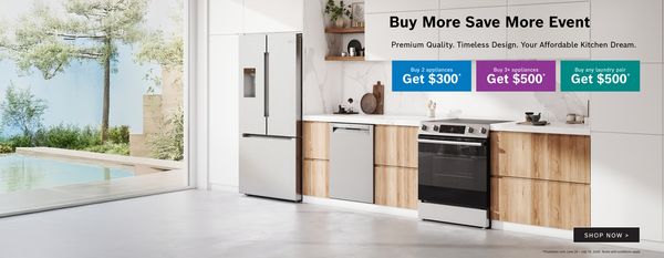 Modern Bosch kitchen with appliances on promotion for savings, featuring a sleek design and natural light.