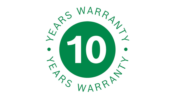 Badge circulaire vert affichant &laquo; 10 ans de garantie &raquo;, avec le chiffre 10 en gras au centre.