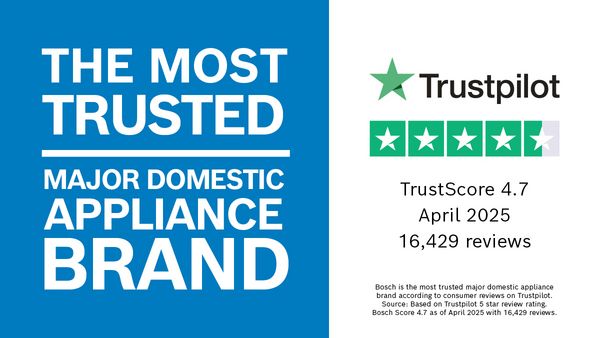 Kitchen setting with bosch appliances and trustpilot claim overlay