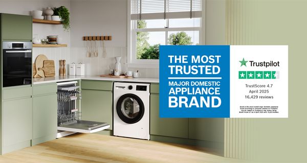 A group of Bosch Service Technicians standing in a kitchen, all facing forward with Trustpilot rating overlay