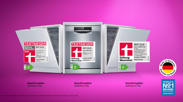 Von der Stiftung Warentest ausgezeichnete Geschirrspüler der Marke Bosch vor einem lila pinken Hintergrund mit Testsieger Logos.
