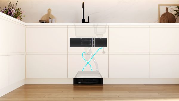 Die Visualisierung der Anschlüsse des neuen Einbau Saug- und Wischroboters von Bosch in einer hellen Einbauküche.