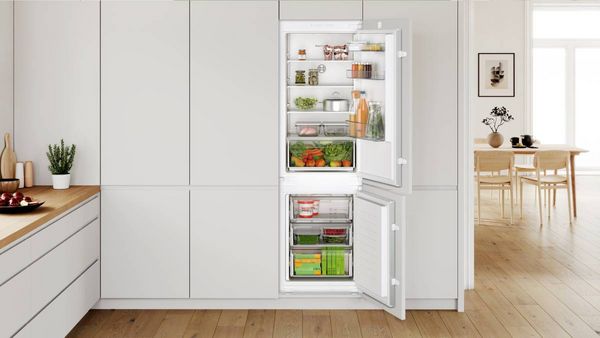 Open Bosch fridge freezer showing 60/40 split