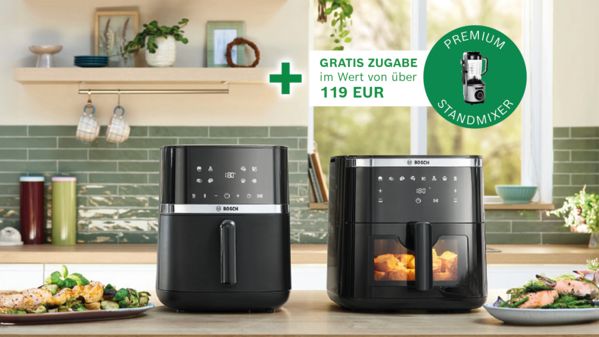 Bosch Airfryer steht auf Tresen in Küche mit Hinweis auf eine Aktion im Online Shop
