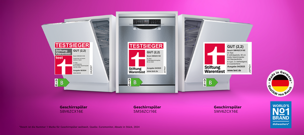 Vier Bosch Geschirrspüler vor einem lila-pink farbenen Hintergrund mit Testsieger Logos.