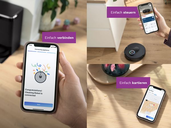 Ein Saugroboter wird mit der Home Connect App von Bosch gesteuert.