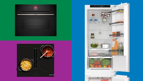 Different Bosch appliances with different coloured backgrounds
