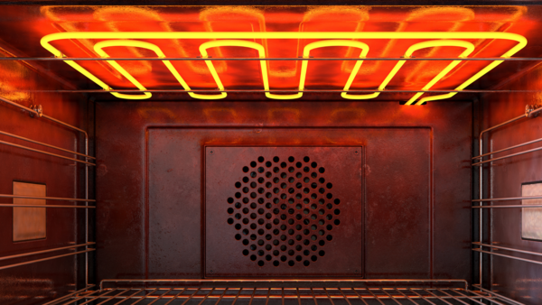 A close-up view of the interior of an electric oven with glowing orange heating elements visible at the top, and a fan vent at the back. 