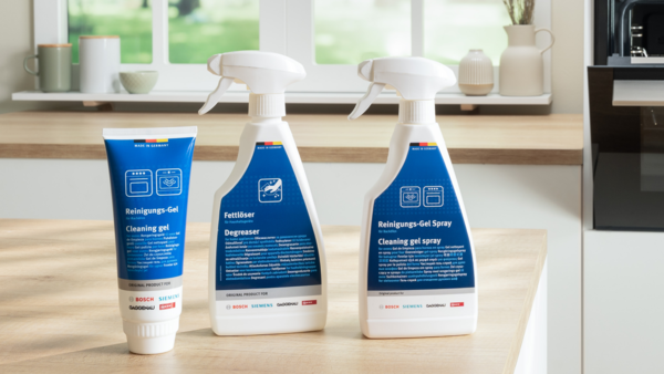 Three Bosch cleaning products, including a tube of cleaning gel and two spray bottles, on a kitchen countertop.