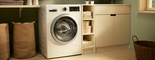 Front-loading washing machine in a laundry room with shelves and cabinets.
