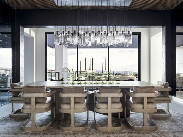 The luxurious dining area with views of downtown Las Vegas