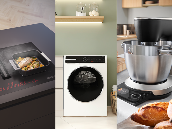 Bosch Neuheiten 2025: Induktionskochfeld mit integriertem Dunstabzug, moderner Wäschetrockner und leistungsstarke Küchenmaschine mit frischem Brot.