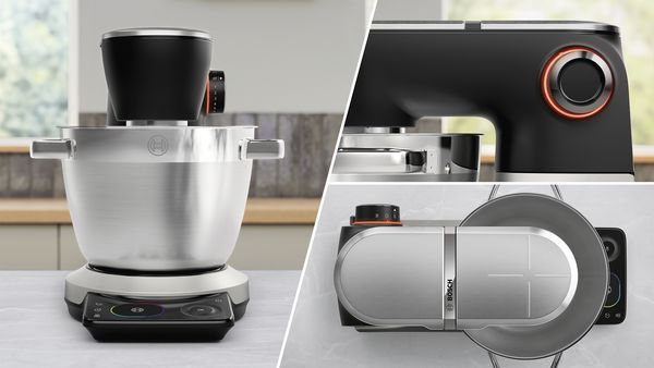 Küchenmaschine Serie 8 von vorne, oben und von der Seite auf einer Küchenarbeitsplatte.