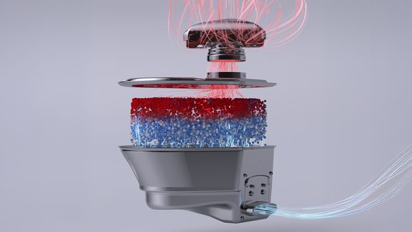 Στο εσωτερικό του πλυντηρίου πιάτων με κόκκινα και μπλε βέλη.