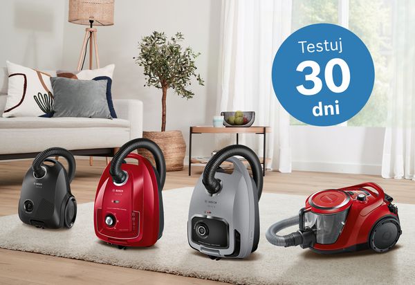 Odkurzacze Bosch i ikona z tekstem testuj 30 dni