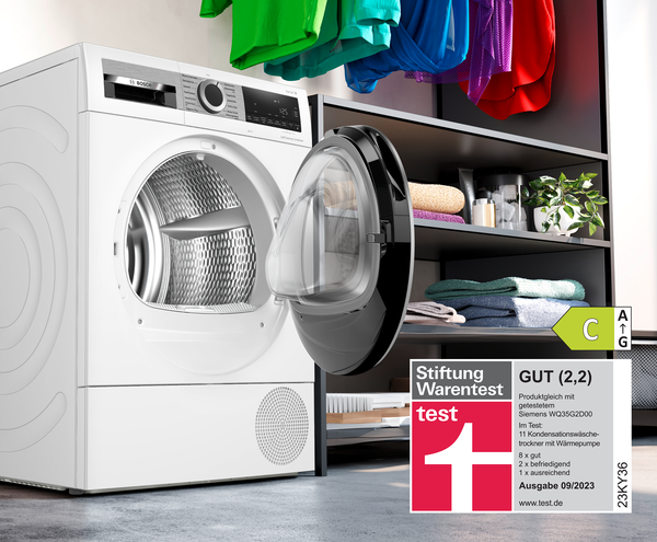 Bosch Wäschetrockner WQG235D00 mit Energieeffizienzklasse C und Stiftung Warentest Auszeichnung.